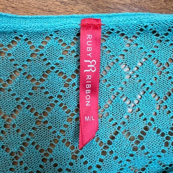 Ruby Ribbon Top Women Medium Large Blue Crochet Open Knit Cap Sleeve Relaxed Fit - Picture 7 of 8